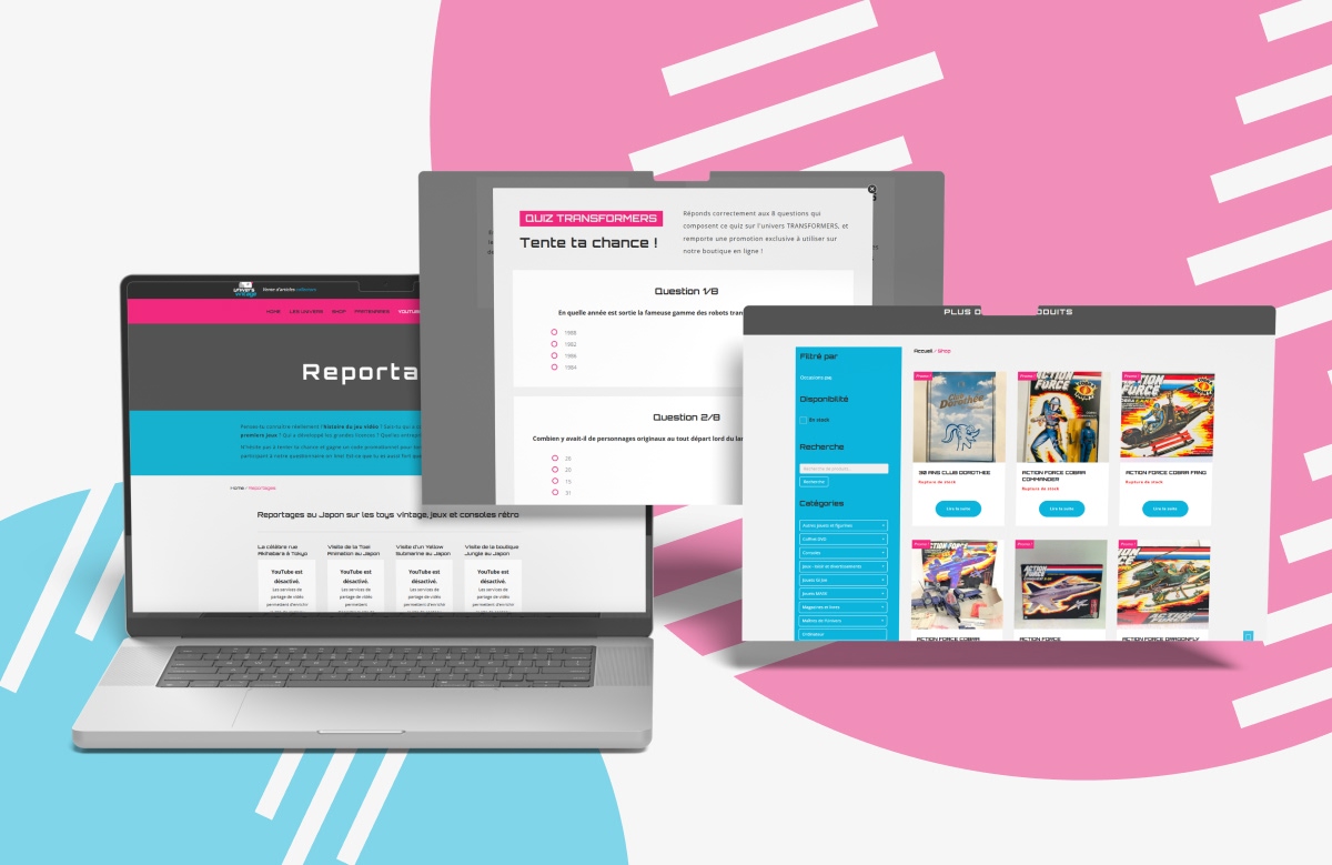 Aperçu des pages de catalogue et d'articles du site Nos Univers sur ordinateur portable - Chiche communication