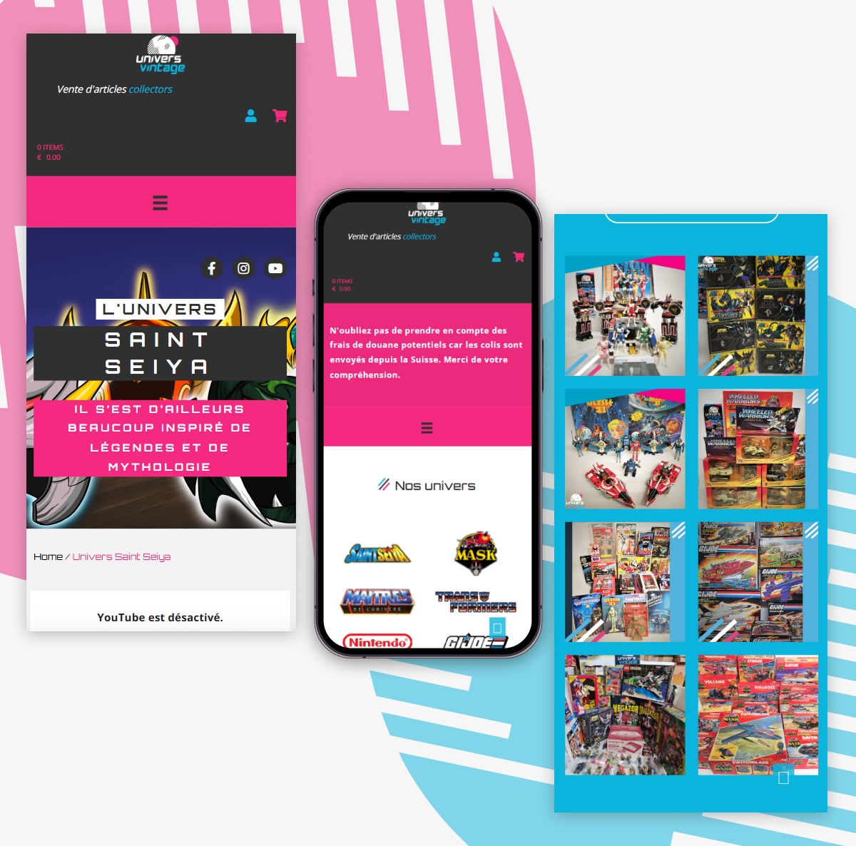 Version mobile du site Nos Univers sur smartphone avec fiches produits et focus Saint Seiya - Chiche communication