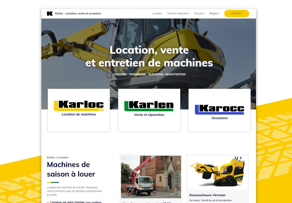 Maquette de la page d'accueil Karocc pour la location et vente de machines - Chiche communication