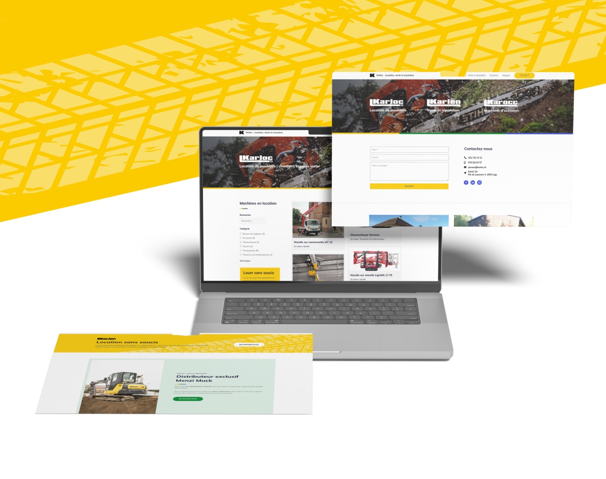Maquette du site Karocc sur ordinateur portable avec visuels de machines et fond jaune - Chiche communication