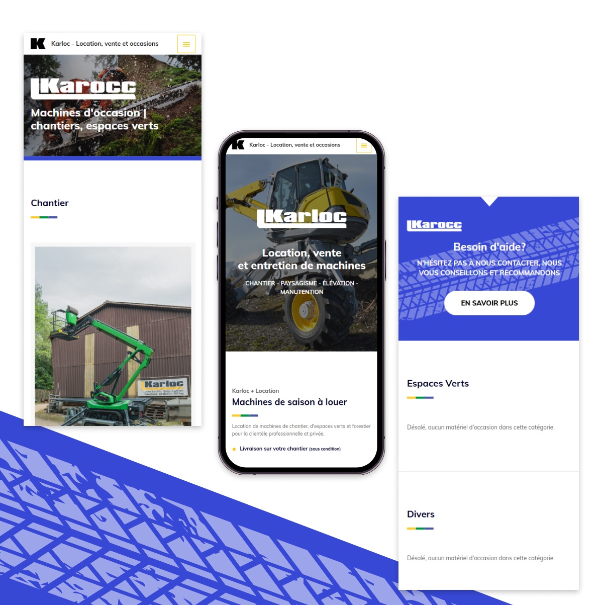 Version mobile du site Karocc sur smartphone présentant les engins de chantier - Chiche communication