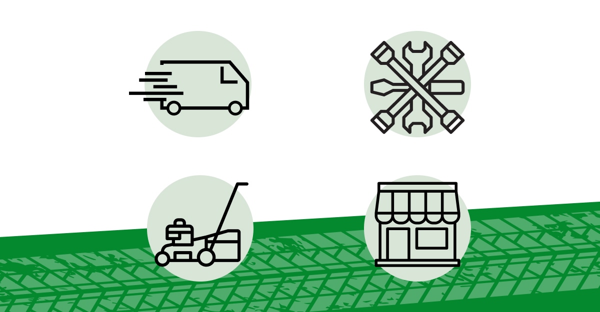 Quatre icônes pour la livraison, l'entretien, le jardinage et le magasin sur fond vert - Chiche communication