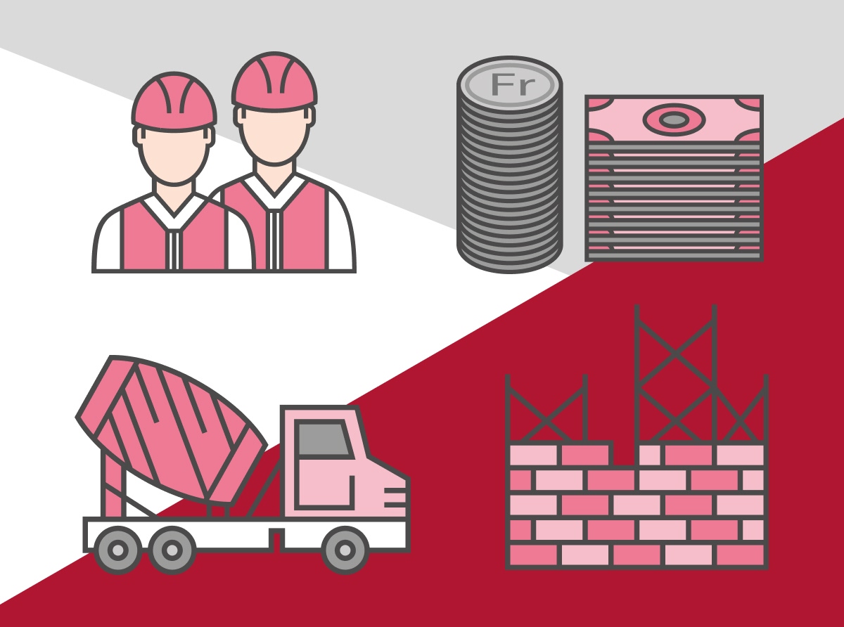 Quatre illustrations linéaires représentant les ouvriers, la finance, le bétonnage et la maçonnerie - Chiche communication