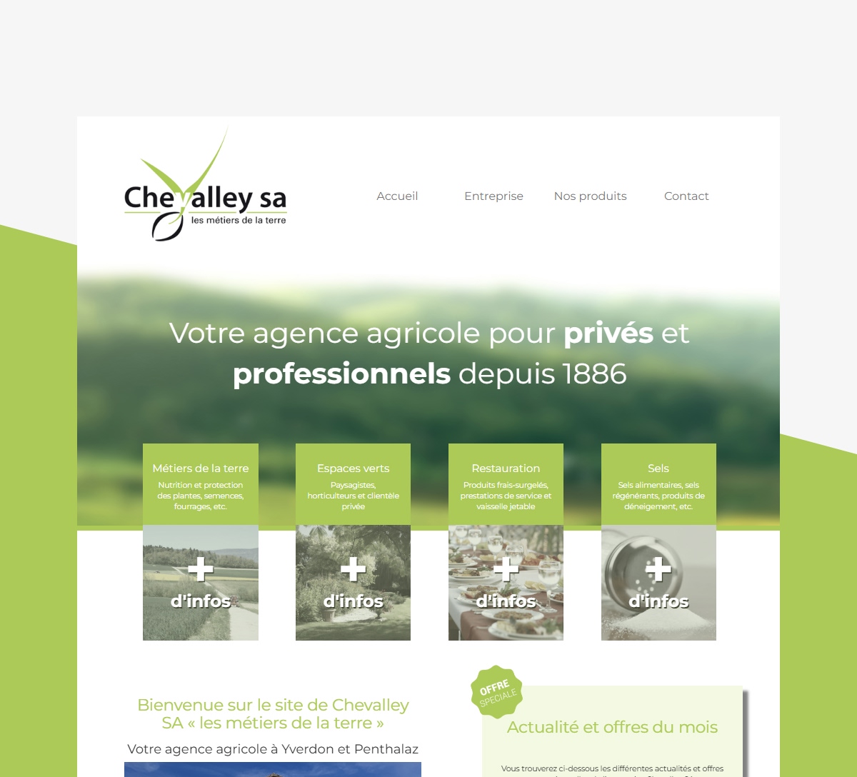 Page d'accueil du site Chevalley SA présentant les services agricoles pour privés et professionnels - Chiche communication