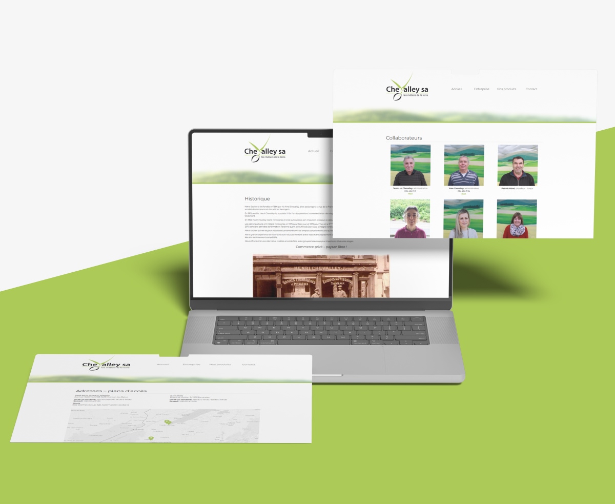 Ordinateur portable avec fenêtres flottantes affichant l'historique et l'équipe de l'entreprise - Chiche communication