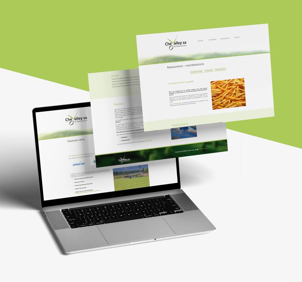 Ordinateur portable avec aperçus des pages dédiées à la restauration et aux espaces verts - Chiche communication