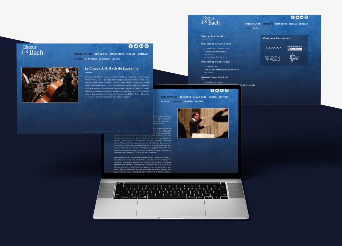 Ordinateur portable avec fenêtres flottantes présentant l'histoire et les concerts du Chœur J.-S. Bach. - Chiche communication