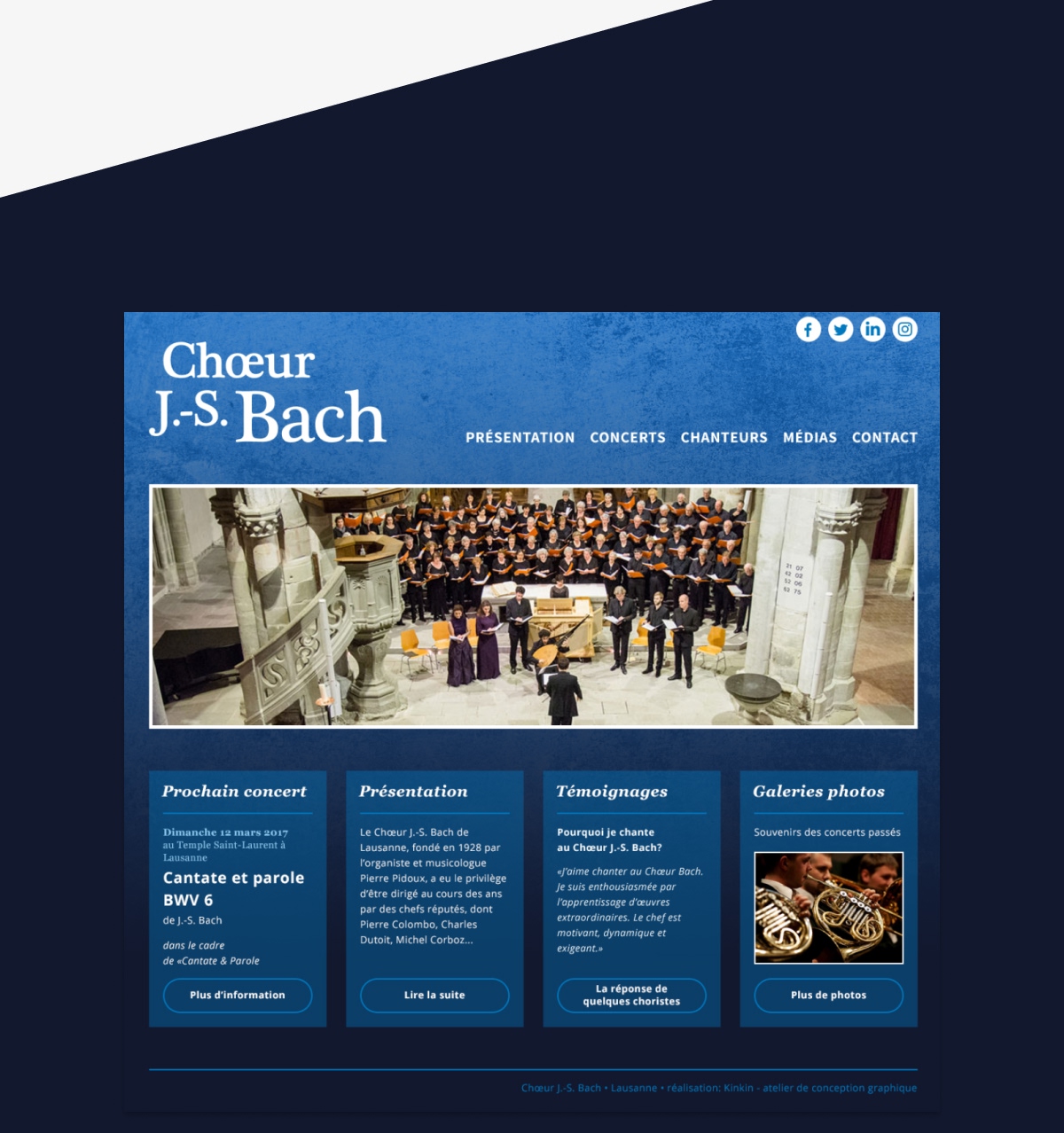 Page d'accueil du site web avec une photo de chœur, les prochains concerts et des témoignages - Chiche communication
