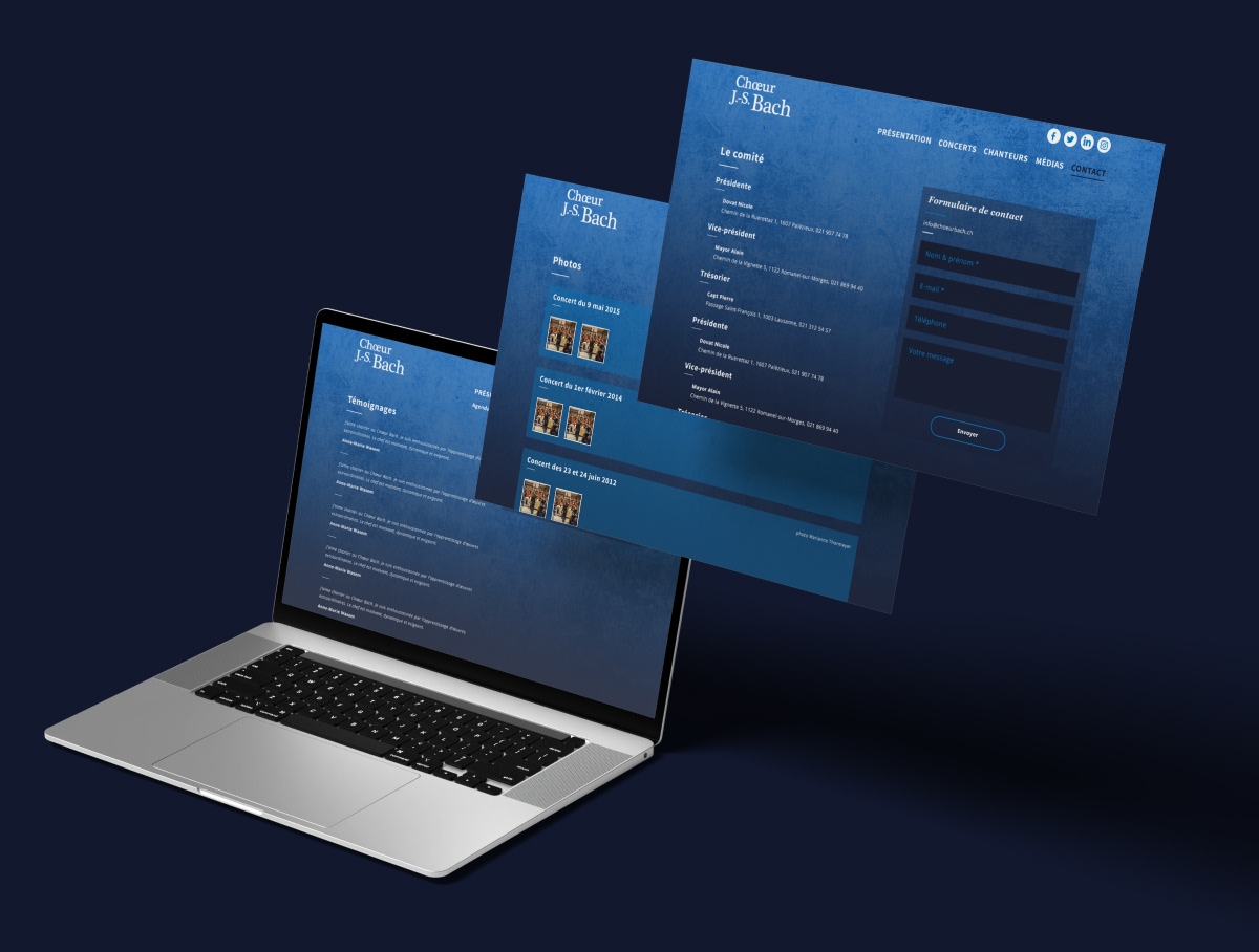 Ordinateur portable affichant des pages de formulaires et de listes de membres en superposition - Chiche communication