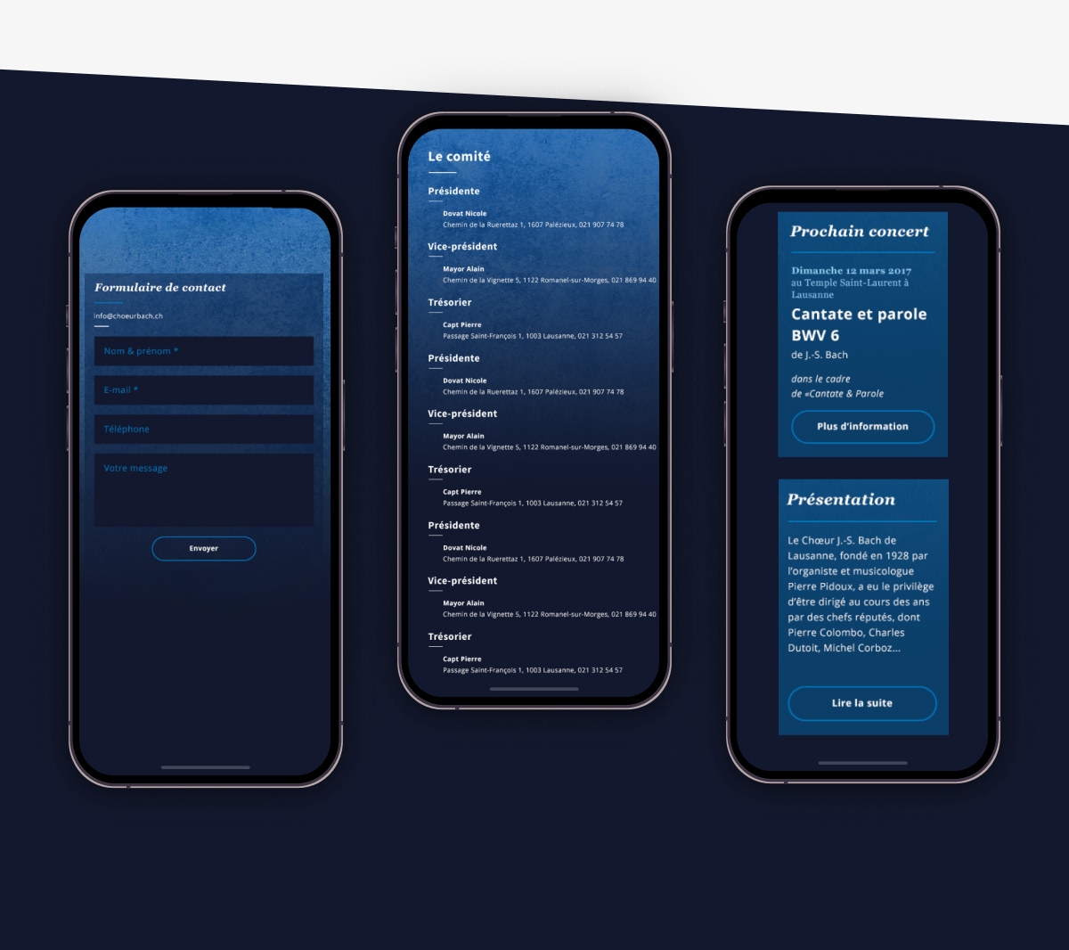 Trois smartphones présentant les versions mobiles du formulaire de contact, du comité et de l'agenda - Chiche communication