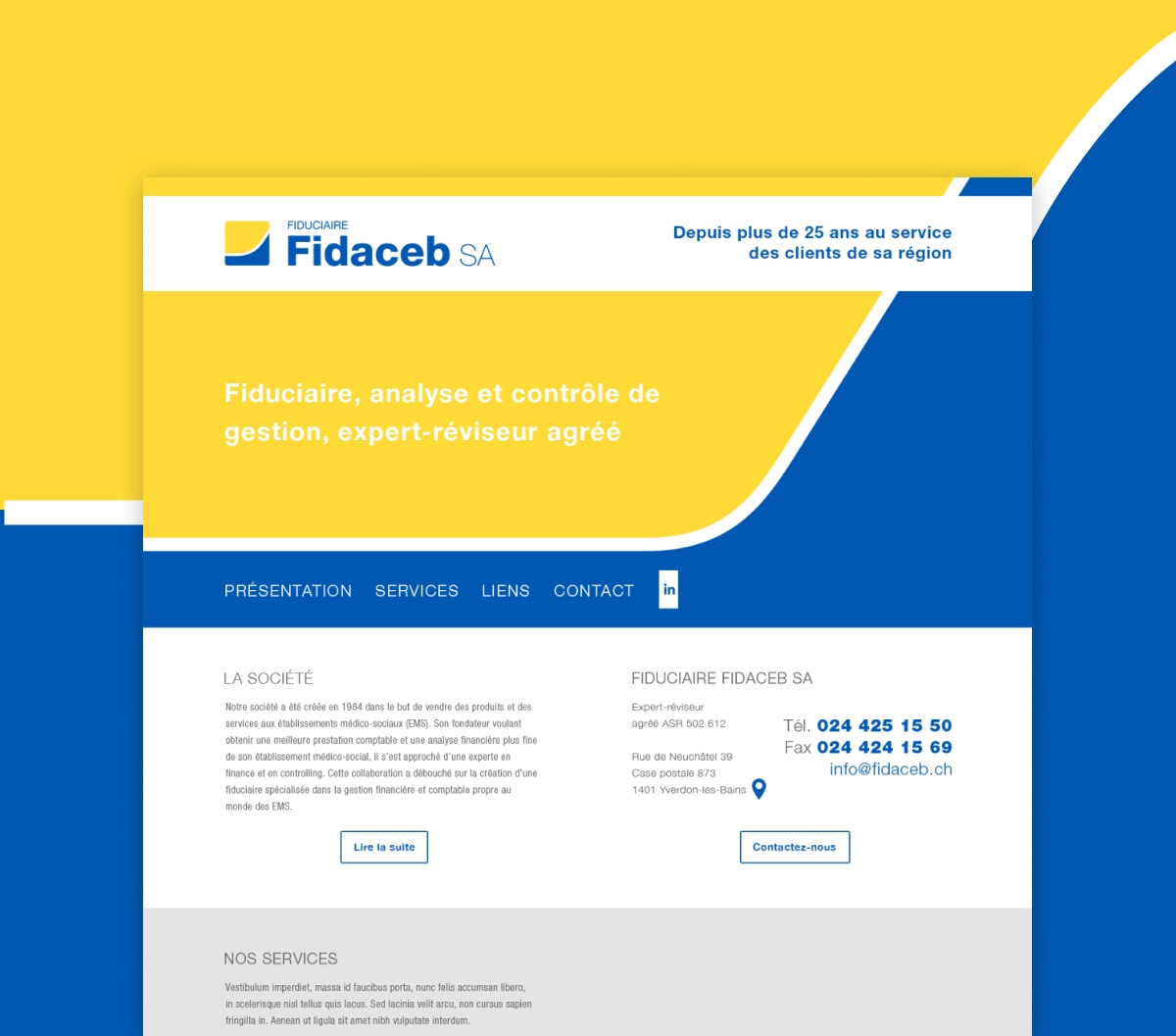 Maquette de la page d'accueil du site Fidaceb SA aux couleurs bleu et jaune - Chiche communication