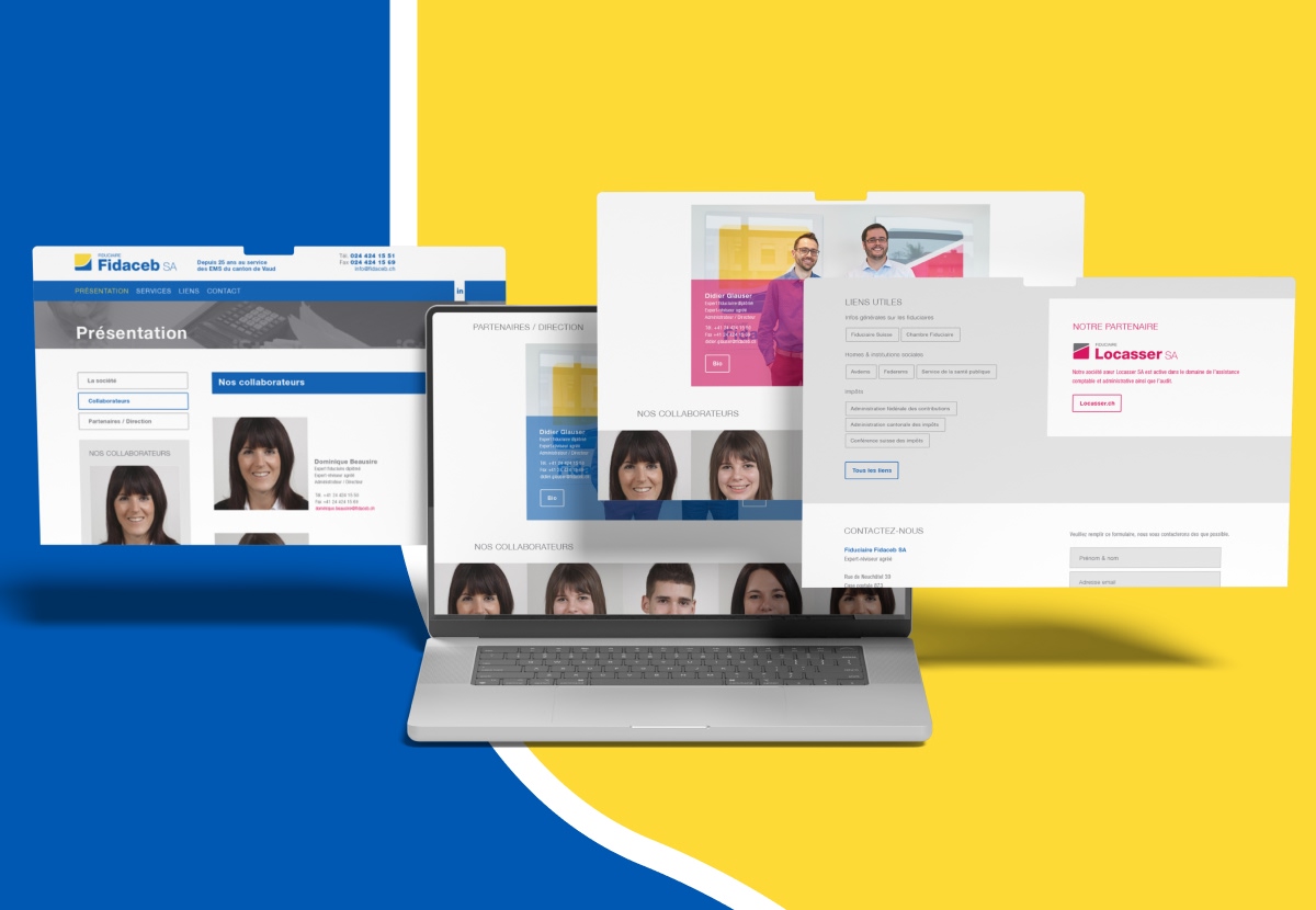 Présentation responsive du site Fidaceb SA sur ordinateur avec fenêtres flottantes - Chiche communication
