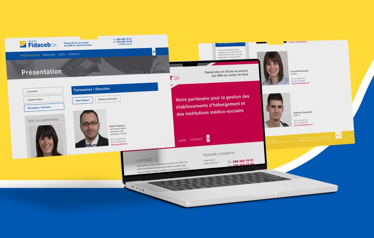 Aperçu des pages de présentation et d'équipe du site Fidaceb SA sur ordinateur - Chiche communication