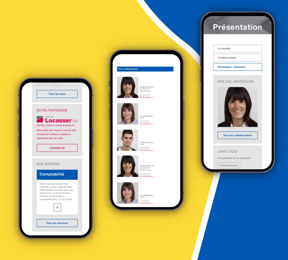 Version mobile du site Fidaceb SA présentée sur trois écrans de smartphones - Chiche communication