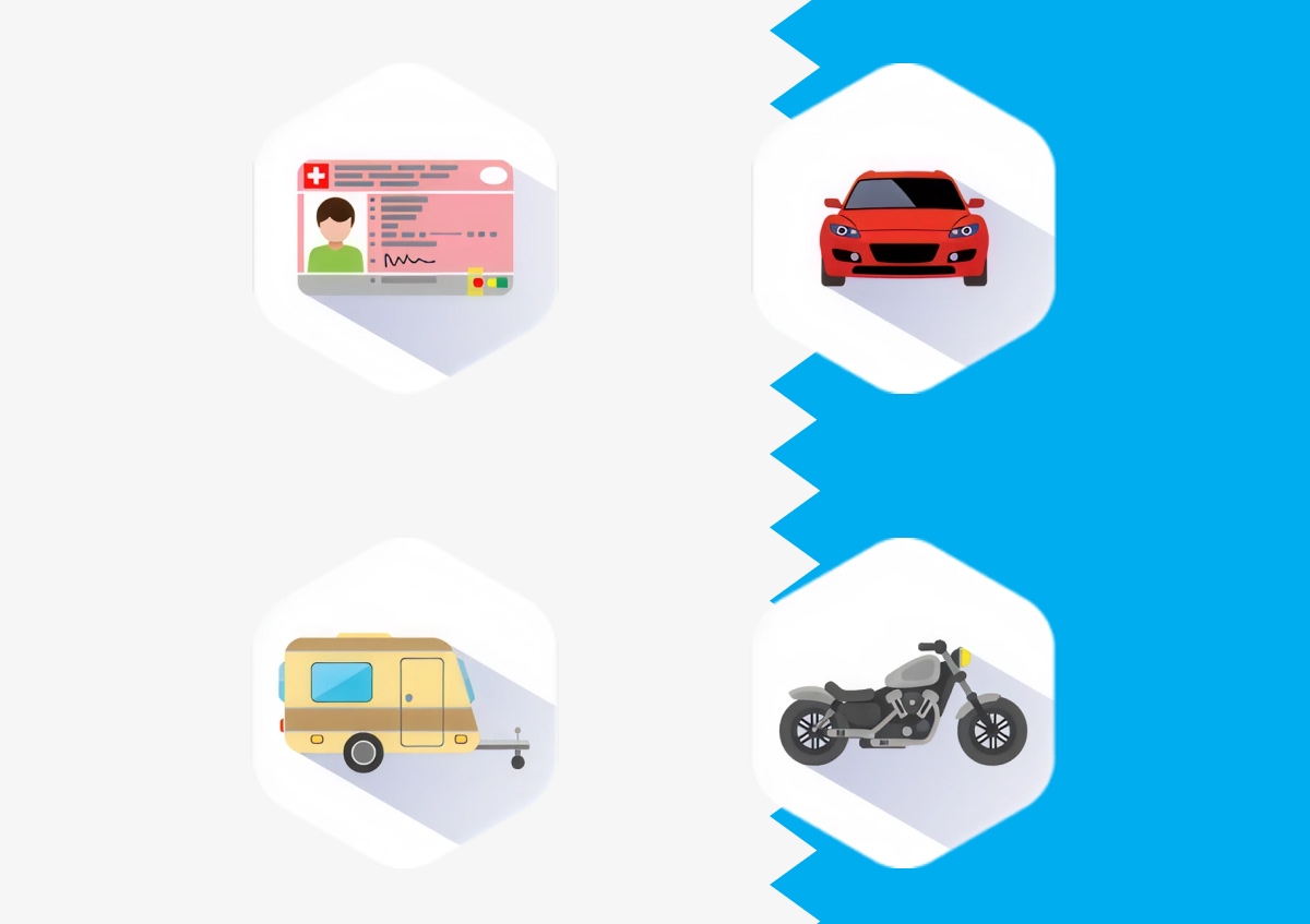 Quatre icônes hexagonales illustrant le permis, la voiture, la remorque et la moto - Chiche communication