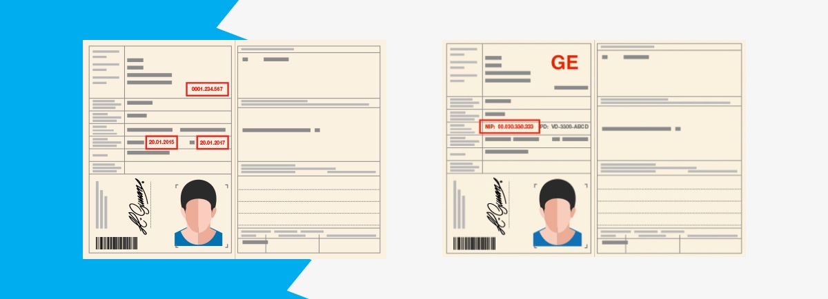 Illustration de deux volets d'un permis de conduire avec champs de texte et photo d'identité - Chiche communication