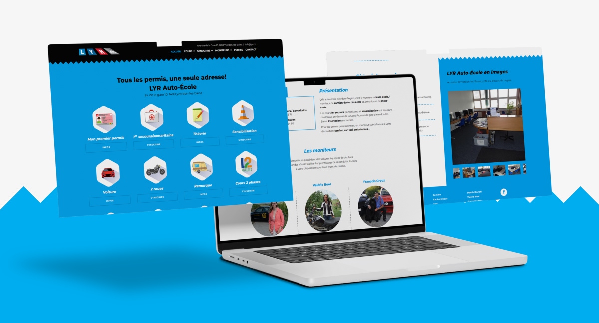 Ordinateur portable avec interface de sélection de catégories de permis et photos d'équipe - Chiche communication