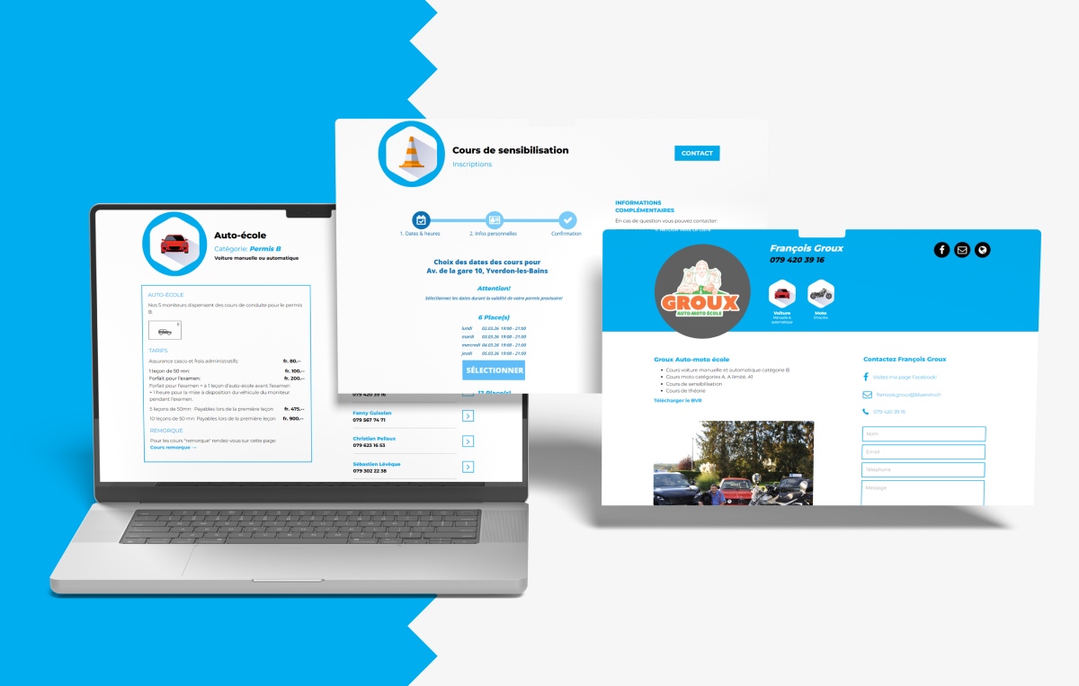 Ordinateur portable avec fenêtres flottantes présentant les cours de sensibilisation d'une auto-école - Chiche communication