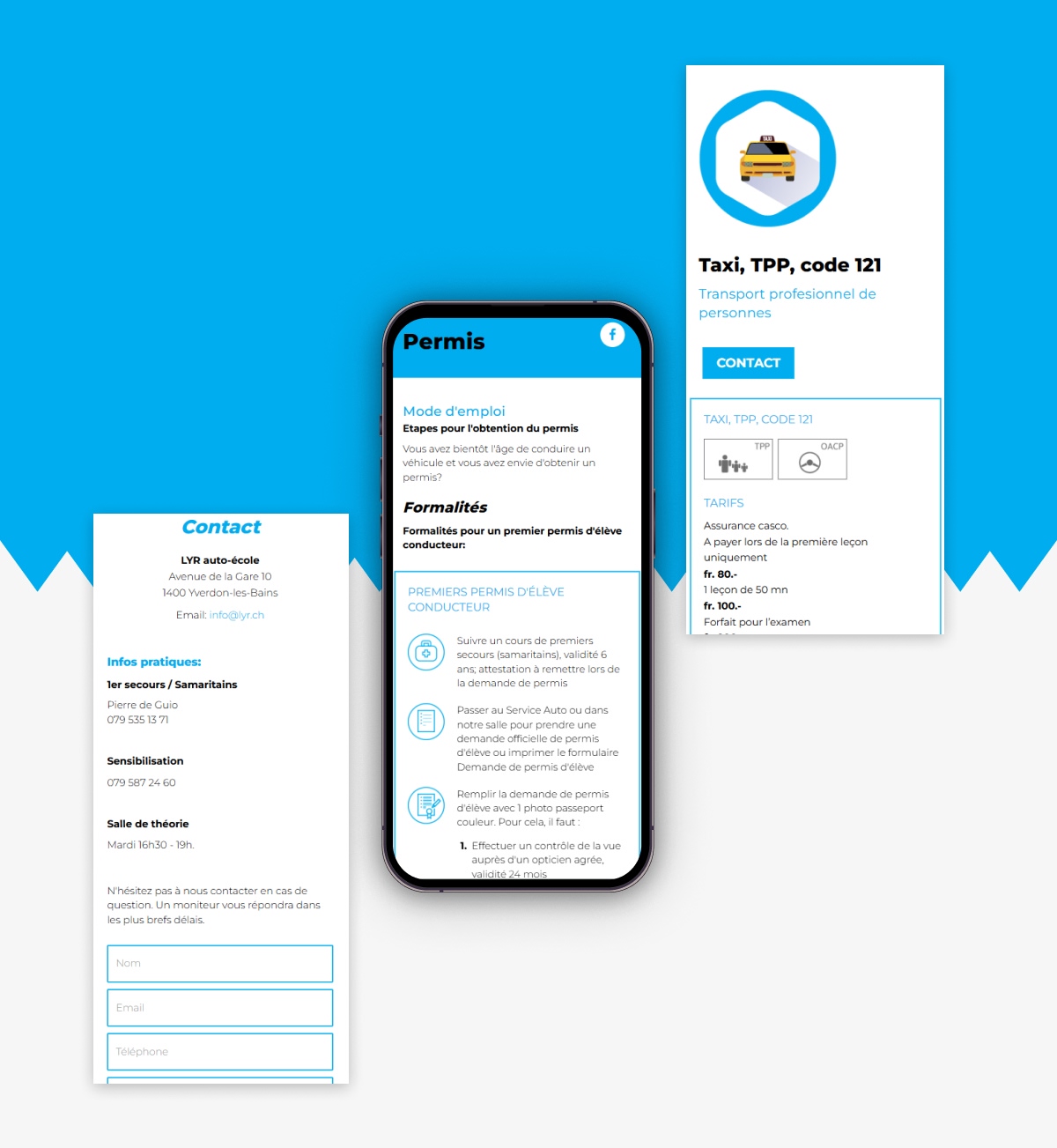 Smartphone affichant les formalités du permis entouré de colonnes contact et services taxi - Chiche communication