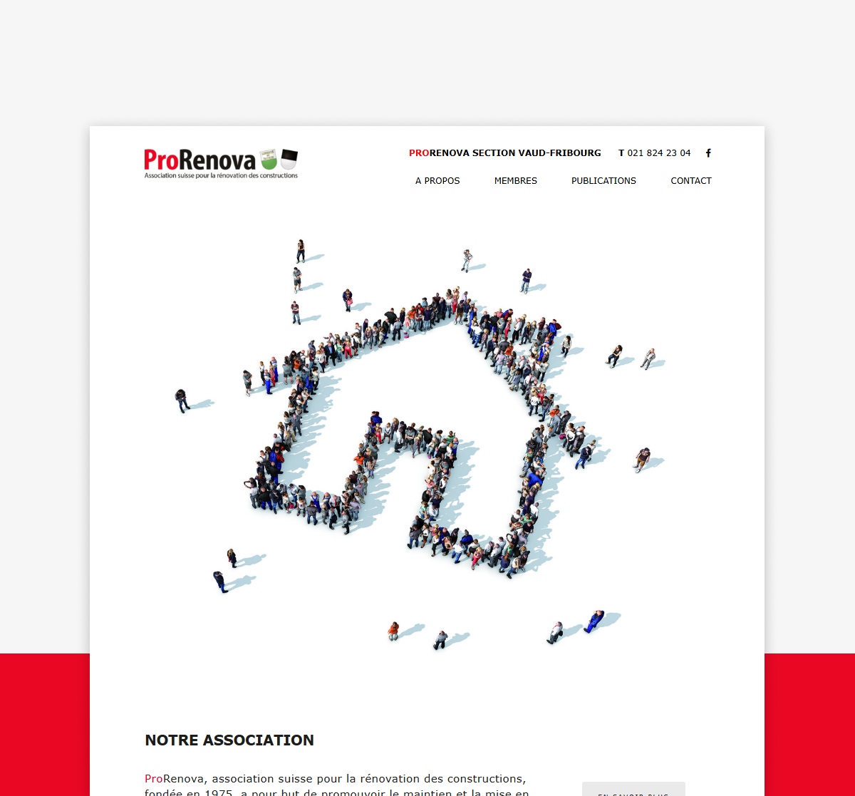 Maquette de la page d'accueil du site ProRénove avec une maison formée par un groupe de personnes - Chiche communication