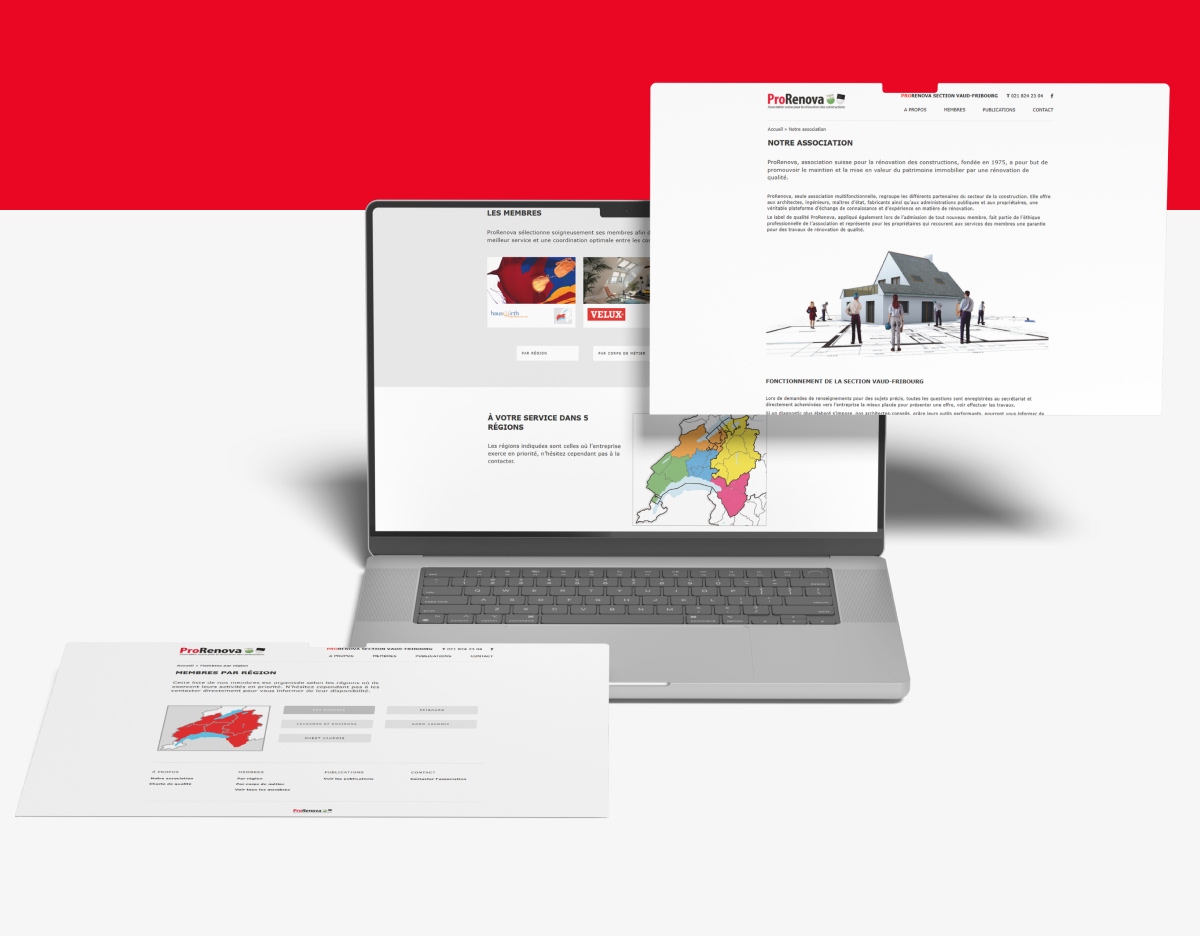 Présentation du site ProRénove sur ordinateur portable avec fenêtres flottantes et carte de Suisse - Chiche communication