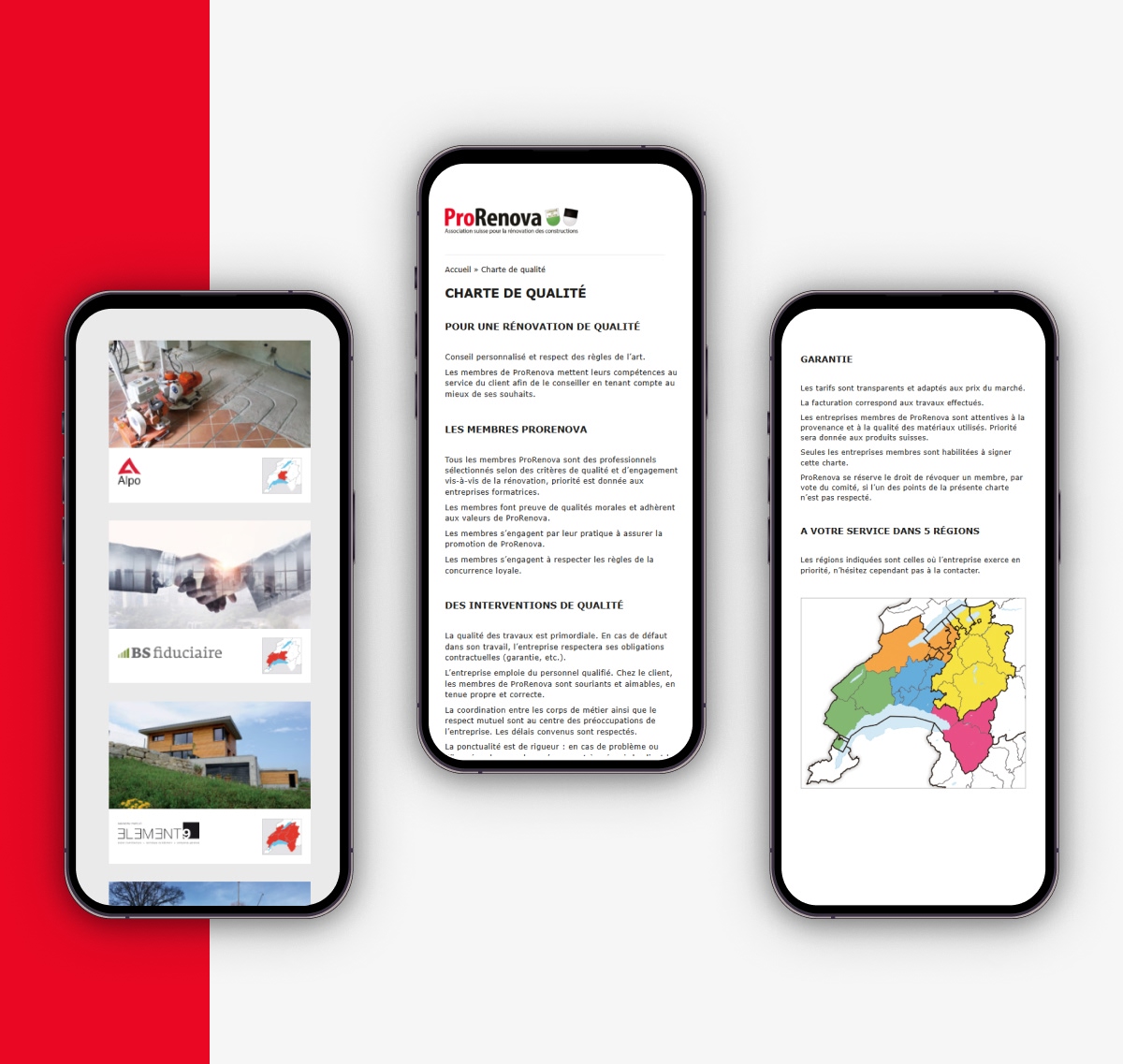 Version mobile du site ProRénove affichée sur trois smartphones avec fiches et cartes - Chiche communication