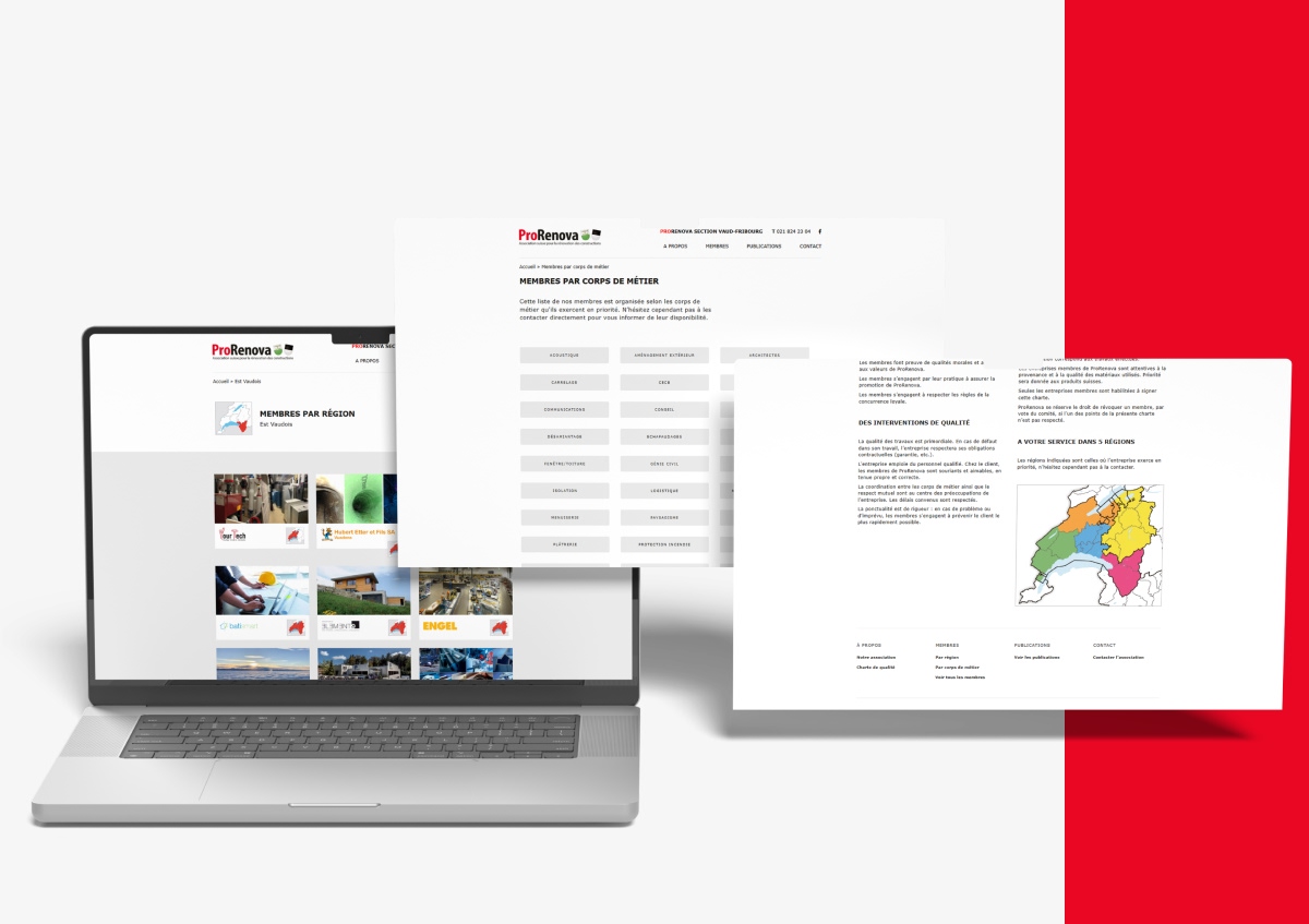 Aperçu multi-pages du site ProRénove sur ordinateur portable avec galerie d'images - Chiche communication