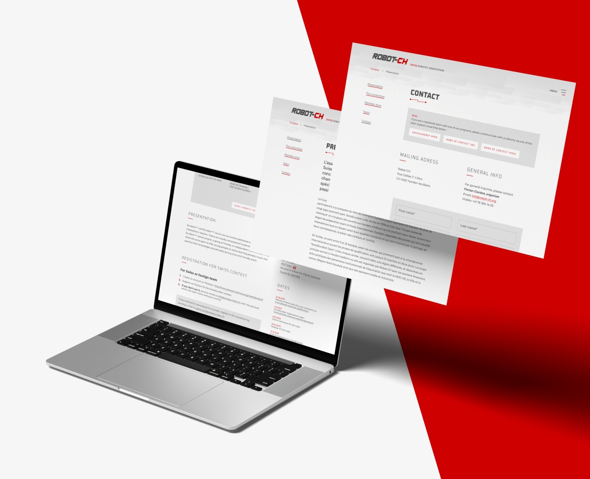 Maquette du site Robot-CH sur ordinateur portable avec fenêtres de navigation flottantes - Chiche communication