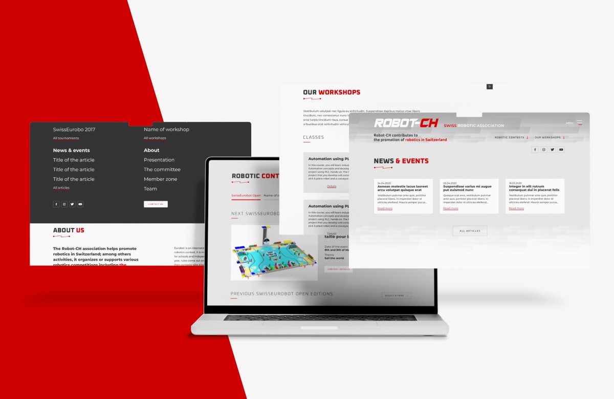 Présentation responsive globale du site web Robot-CH sur fond graphique rouge - Chiche communication