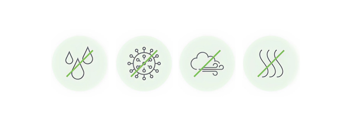 Quatre icônes circulaires illustrant l'imperméabilité, l'antibactérien, la respiration et la chaleur - Chiche communication