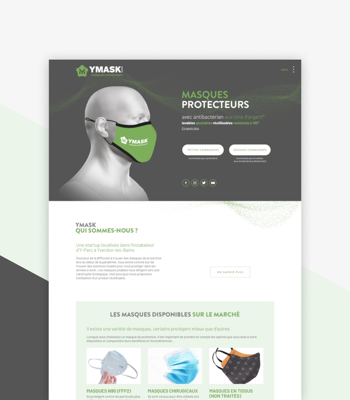 Page d'accueil du site YMASK présentant les masques protecteurs et une section "Qui sommes-nous ?" - Chiche communication