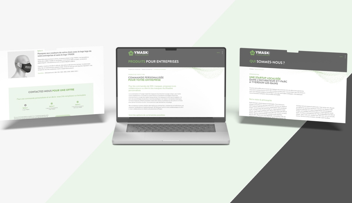 Ordinateur portable entouré de pages présentant les produits pour entreprises et les contacts - Chiche communication