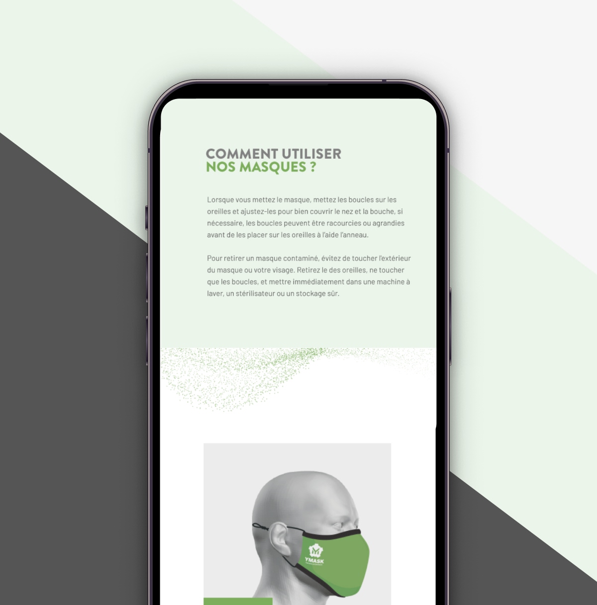 Smartphone affichant les instructions d'utilisation et d'entretien des masques protecteurs - Chiche communication