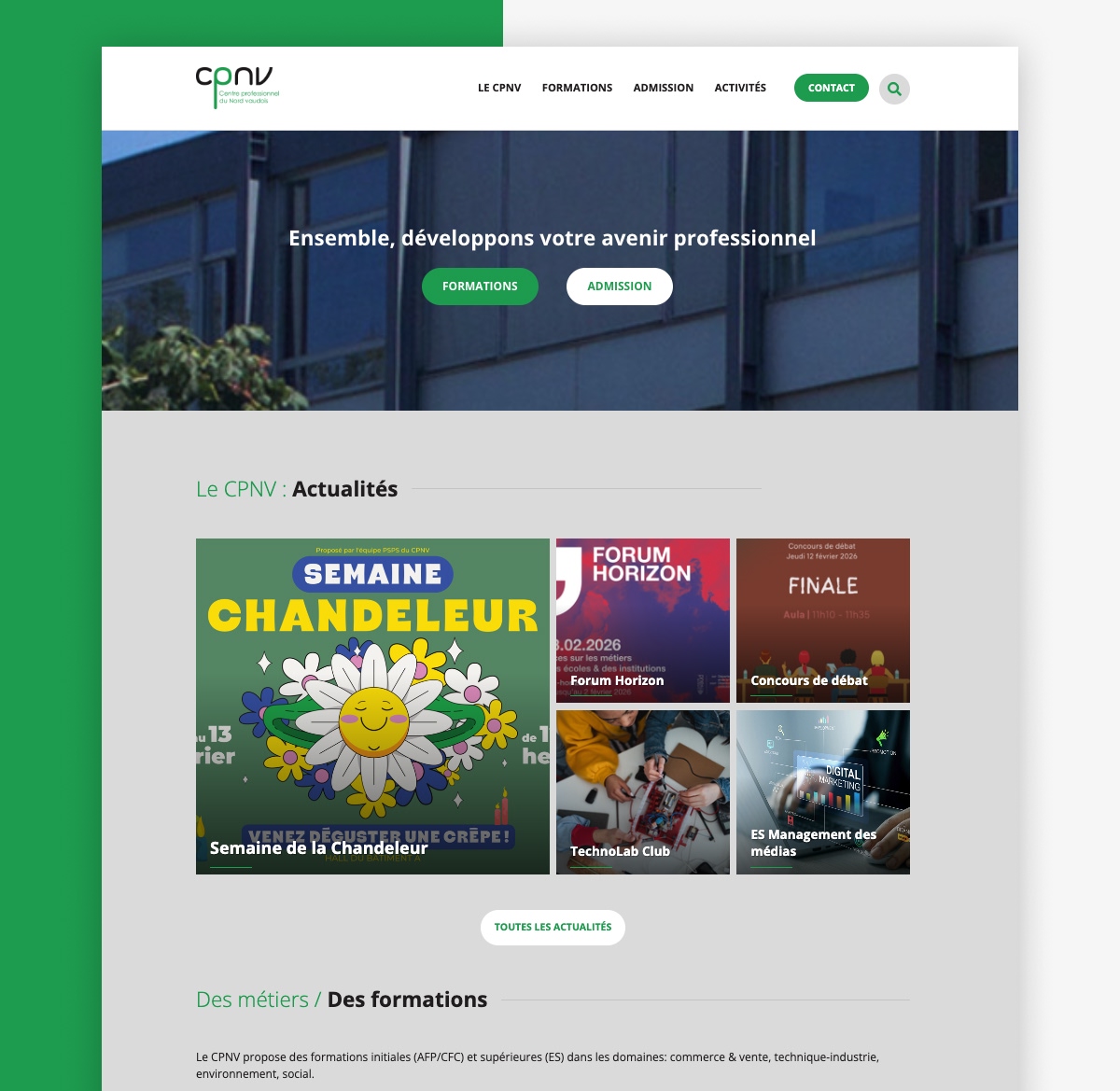 Page d'accueil du site CPNV présentant les actualités et les formations professionnelles - Chiche communication