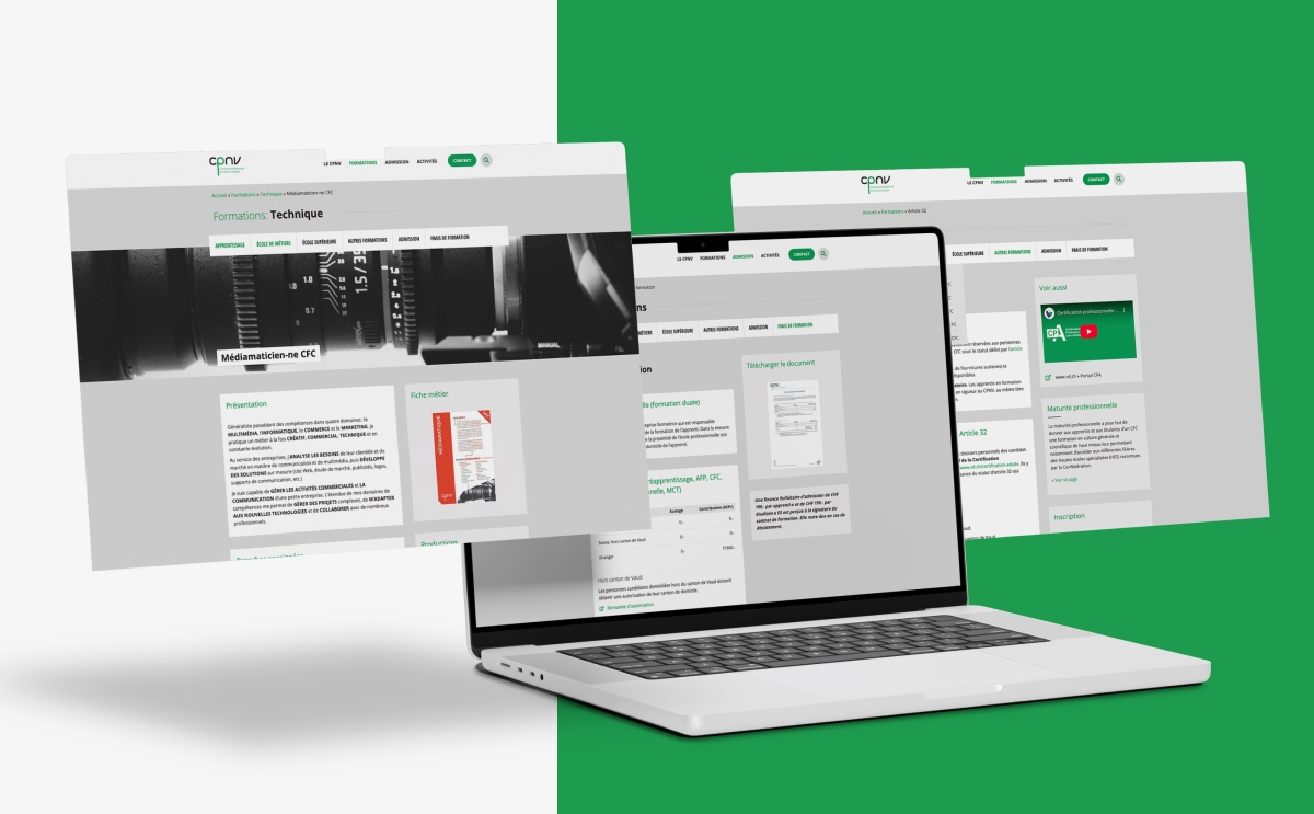 Maquette d'ordinateur portable affichant les détails des formations techniques du CPNV - Chiche communication