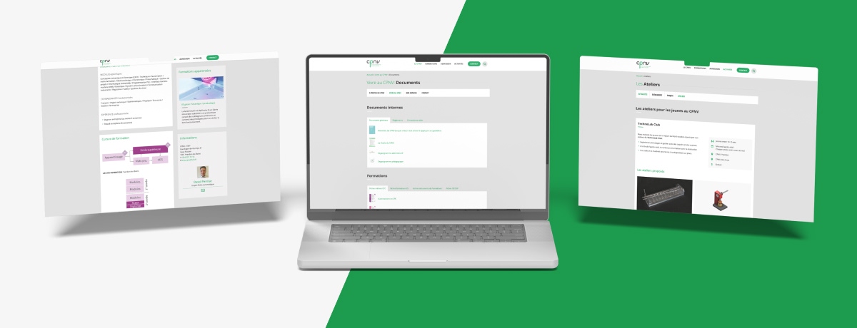 Aperçu multi-écrans des pages de cours et d'admissions du site internet CPNV - Chiche communication