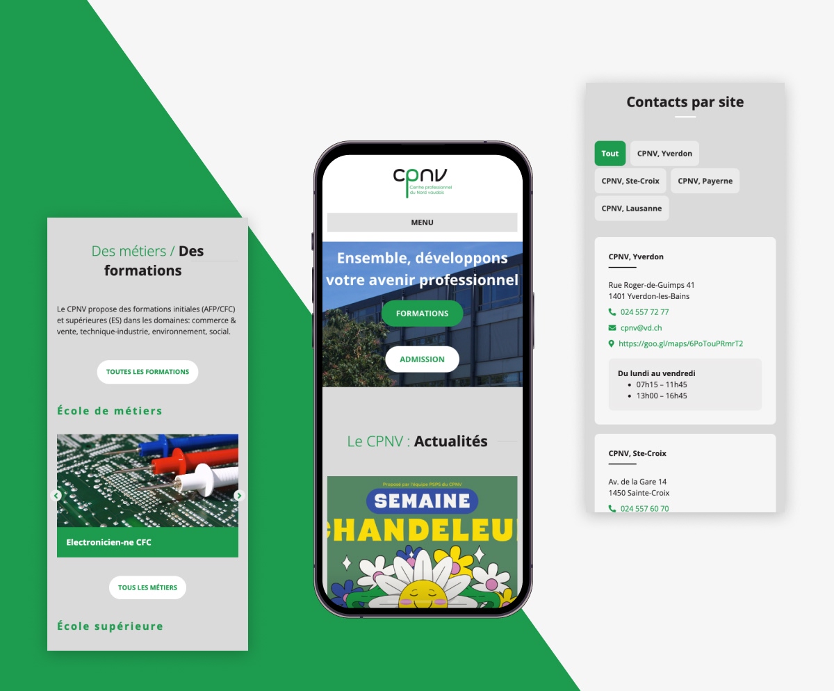 Version mobile du site web CPNV avec focus sur les métiers et les contacts par site - Chiche communication