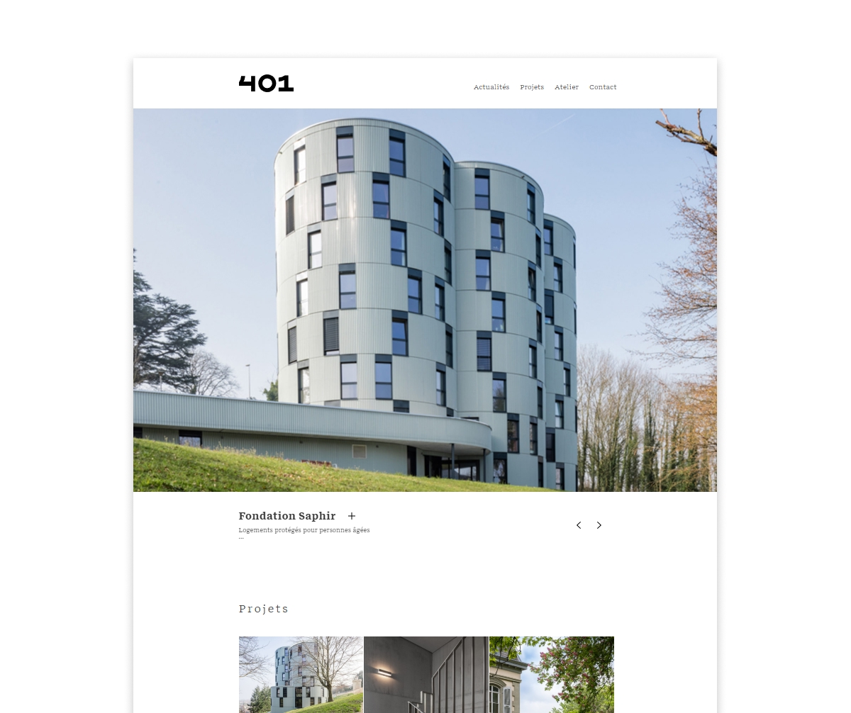 Maquette d'accueil du site web 401 avec un bâtiment cylindrique moderne - Chiche communication