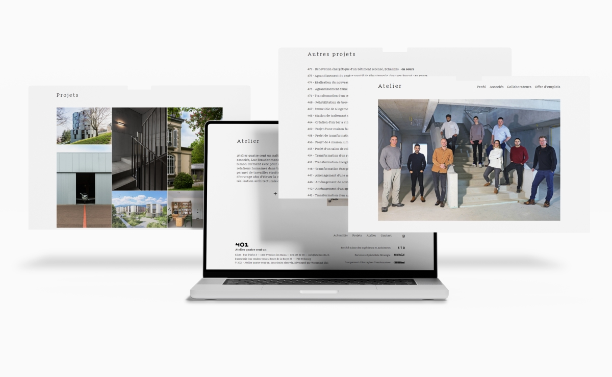 Ordinateur portable et maquettes flottantes du site 401 avec photos d'équipe et projets - Chiche communication