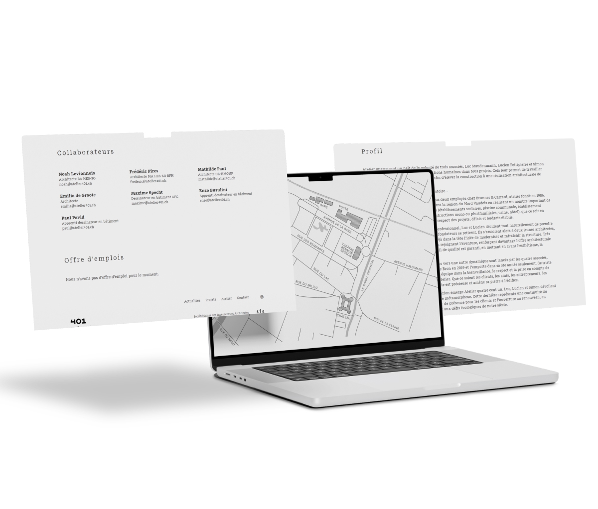 Ordinateur portable et pages flottantes du site 401 affichant textes et plans - Chiche communication