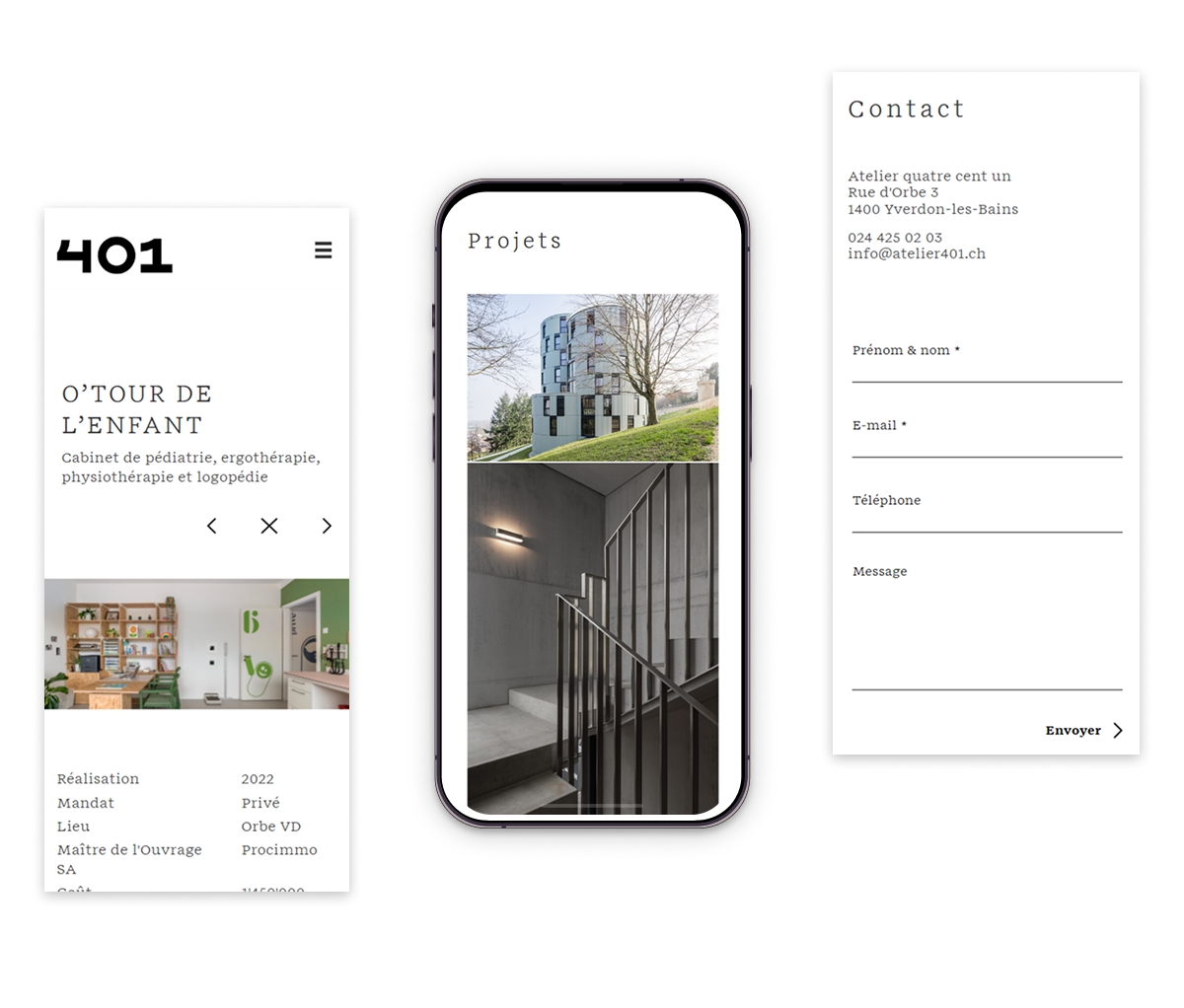 Maquettes mobiles du site 401 affichées sur écrans de smartphones avec formulaire - Chiche communication