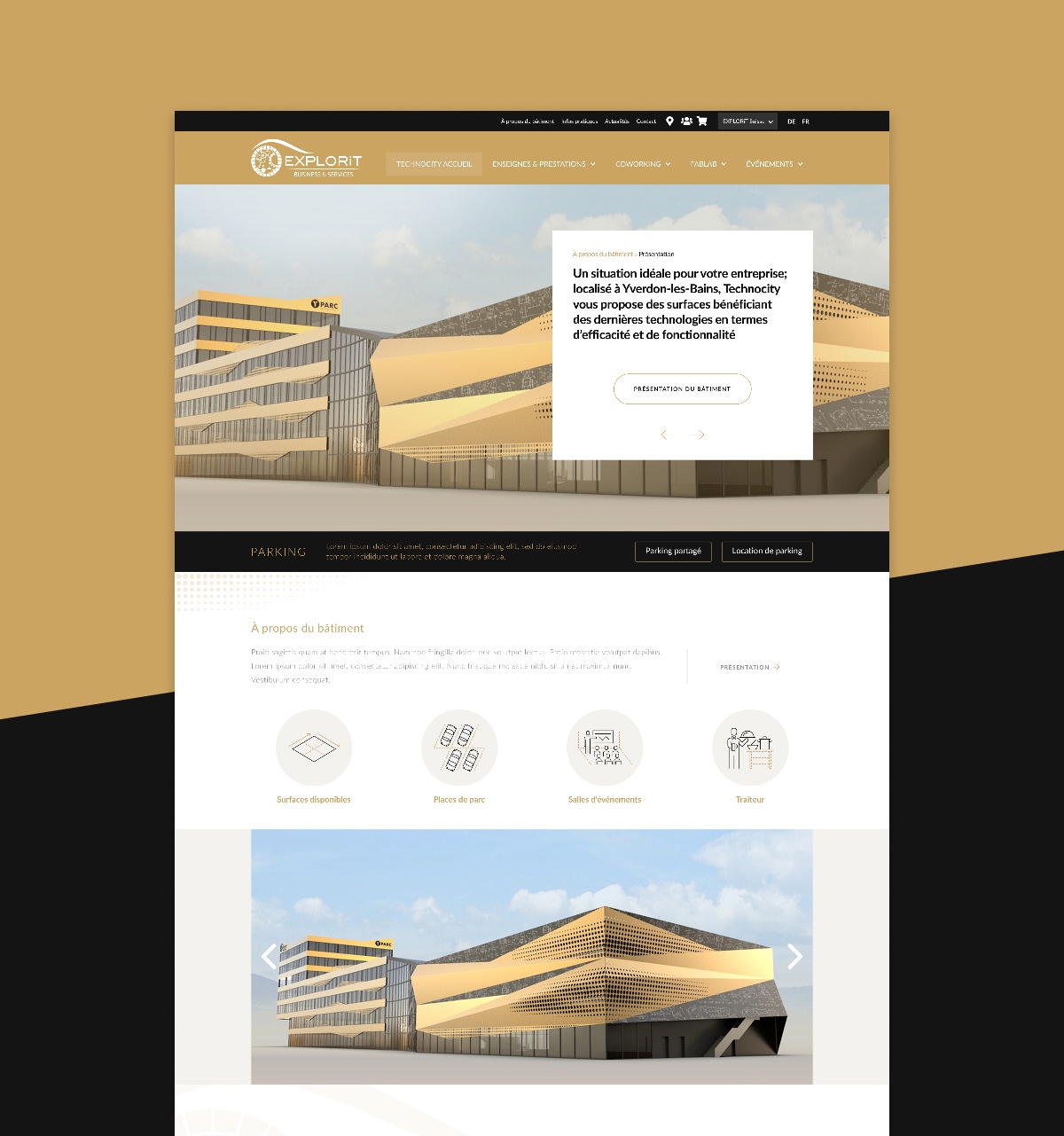 Page d'accueil du site Explorit présentant le bâtiment et les services de coworking - Chiche communication
