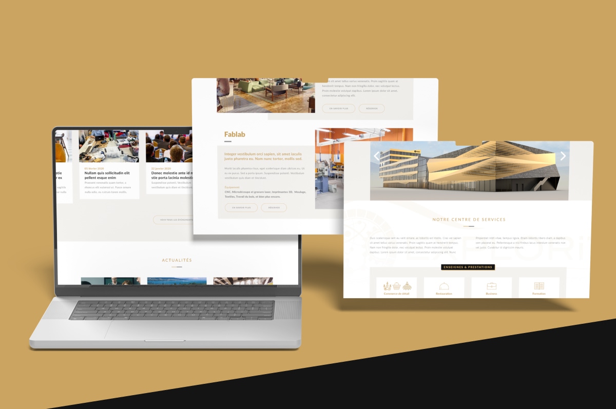 Ordinateur portable avec fenêtres flottantes affichant différentes sections du site web - Chiche communication