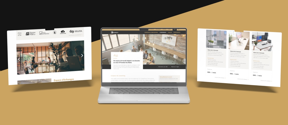 Ordinateur portable entouré de pages web présentant les espaces de réunion et bureaux - Chiche communication