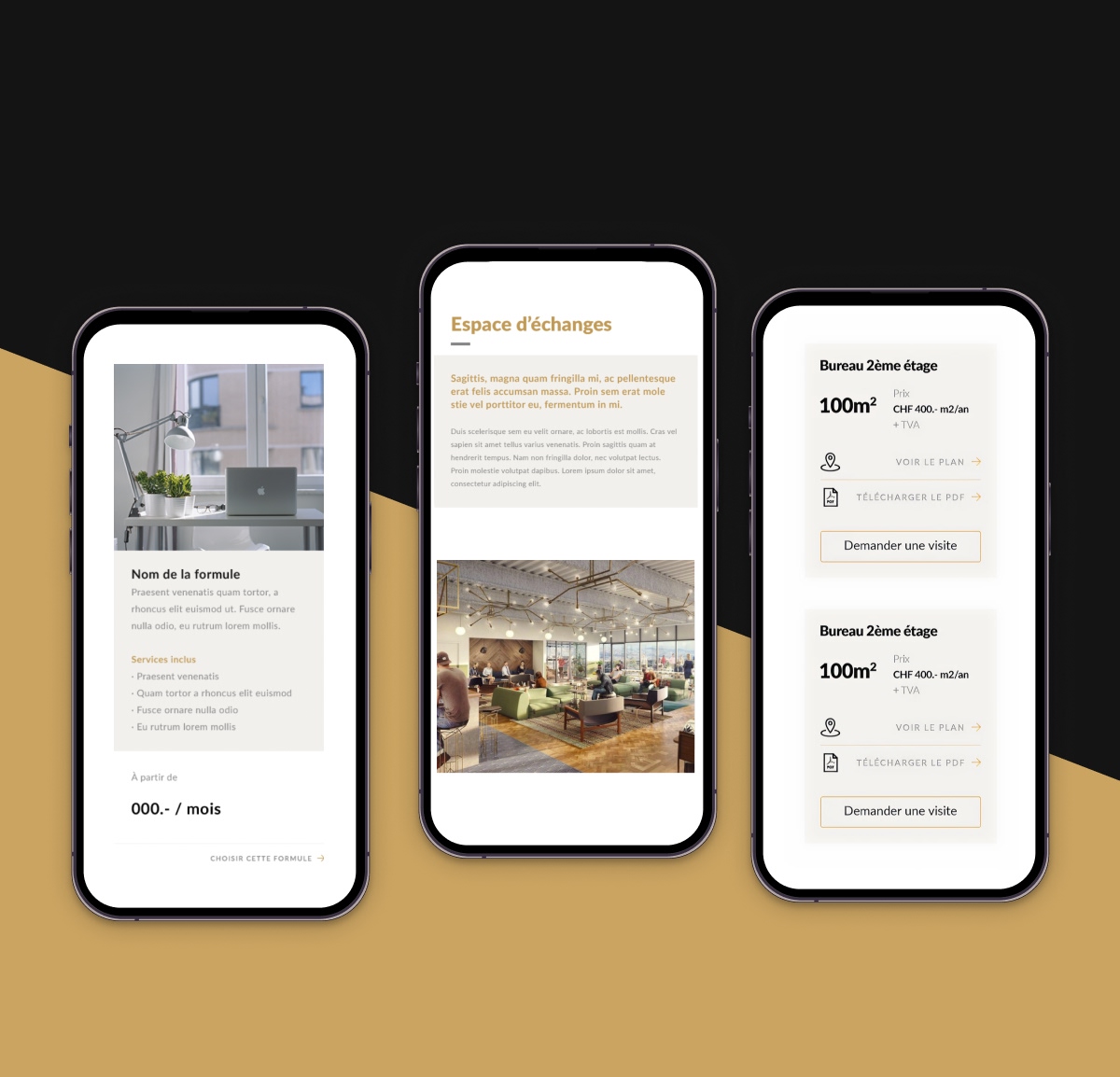 Trois smartphones affichant l'interface mobile, les tarifs et les espaces d'échanges - Chiche communication