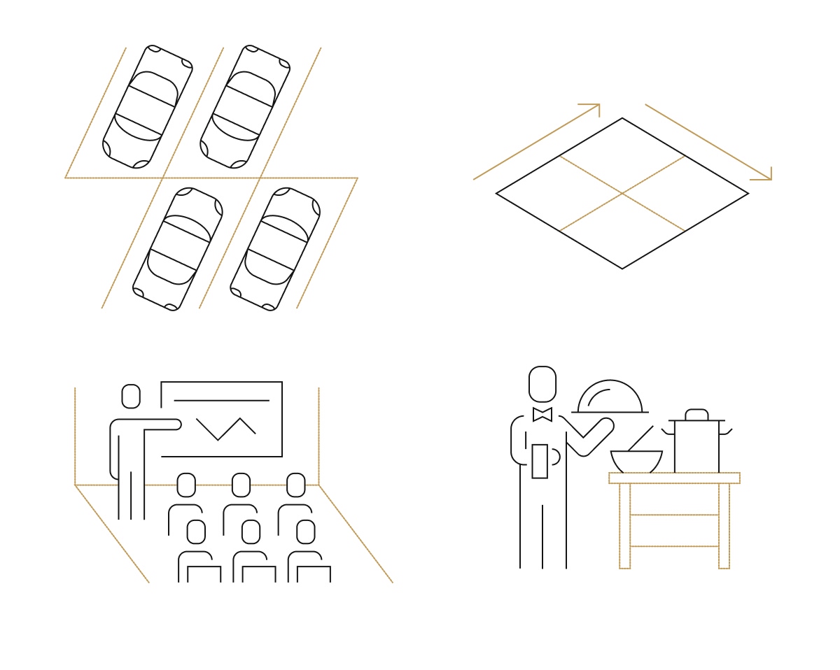 Quatre pictogrammes illustrant le parking, la surface, les conférences et la restauration - Chiche communication