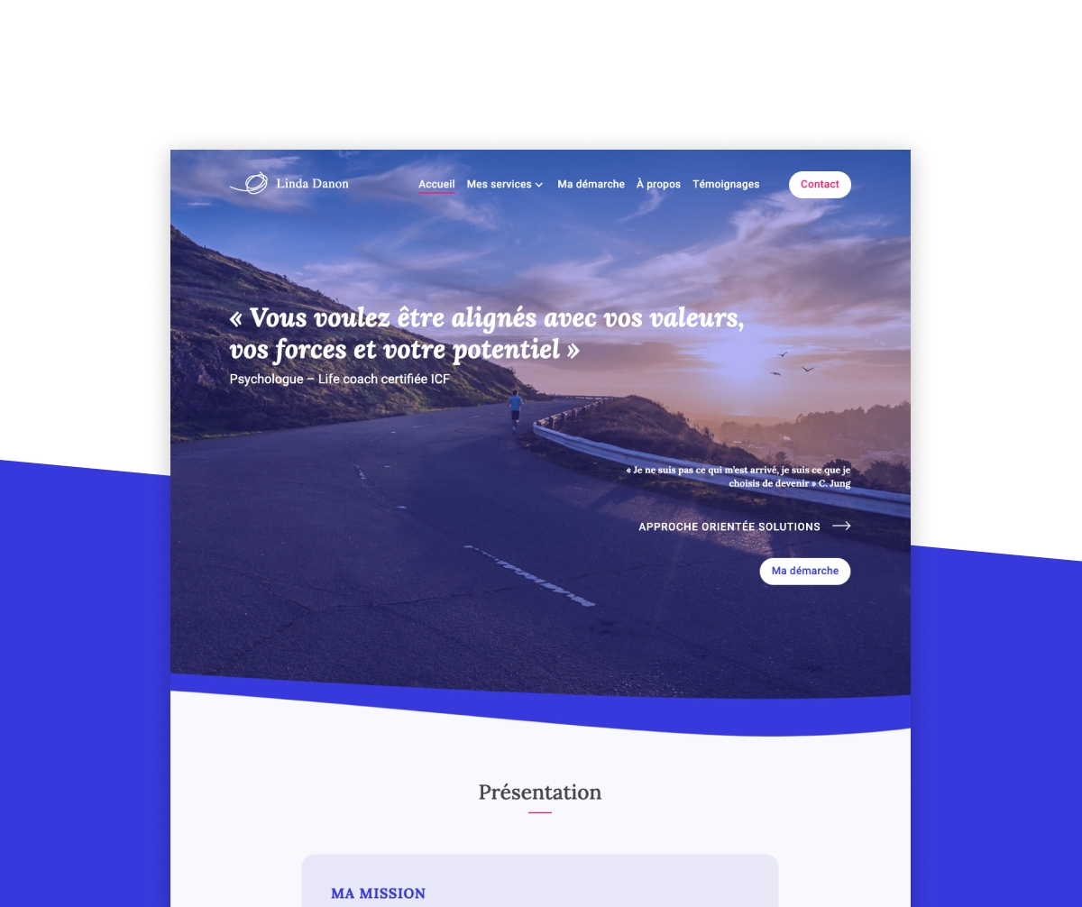 Page d'accueil du site de Linda Daron avec une photo de paysage et une citation inspirante - Chiche communication