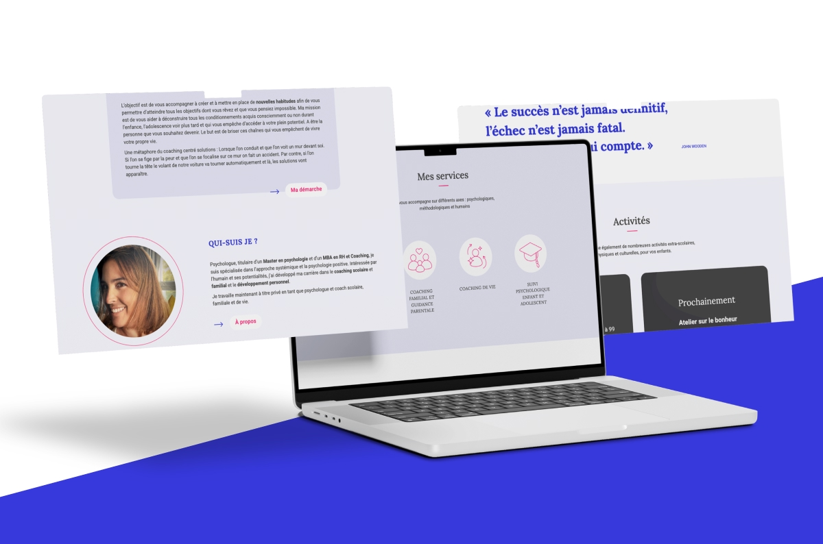 Ordinateur portable présentant le profil de la coach et ses services d'accompagnement - Chiche communication