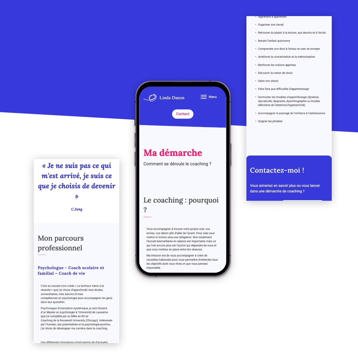Smartphone affichant la démarche de coaching et le parcours professionnel de Linda Daron - Chiche communication