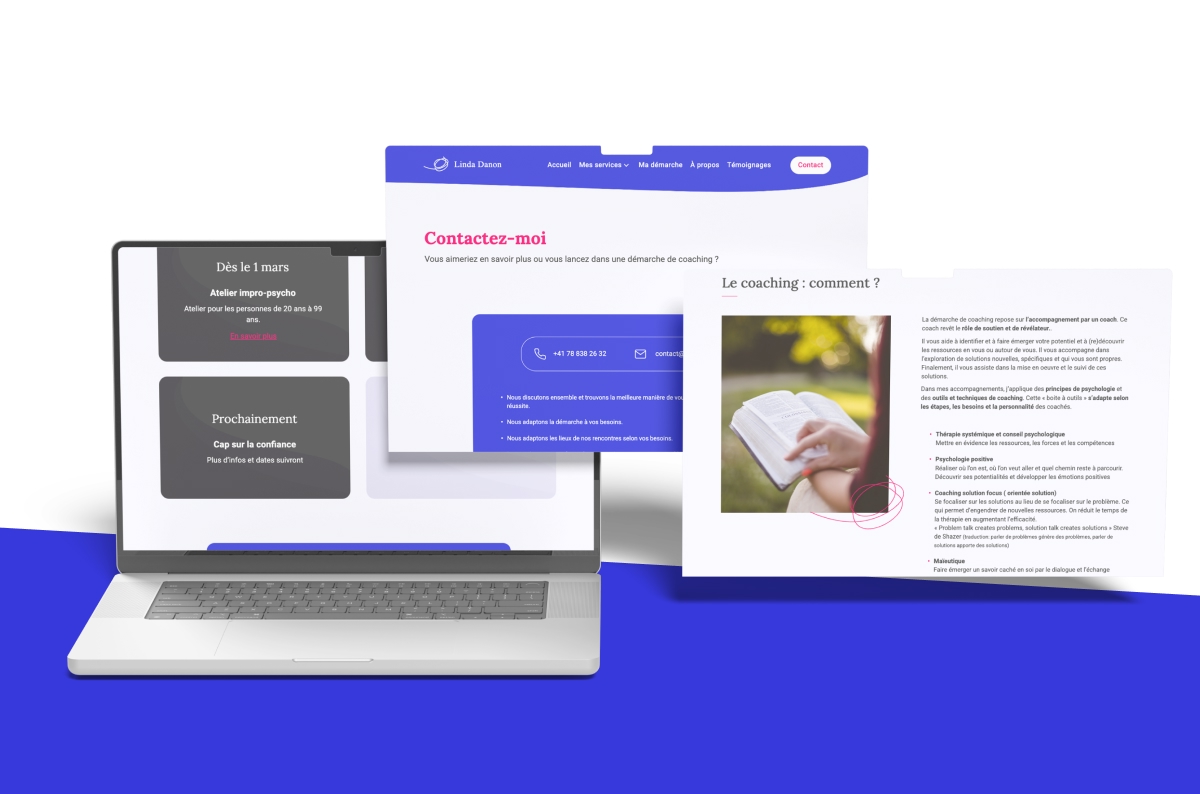Ordinateur portable entouré de pages de contact et d'articles sur le coaching - Chiche communication